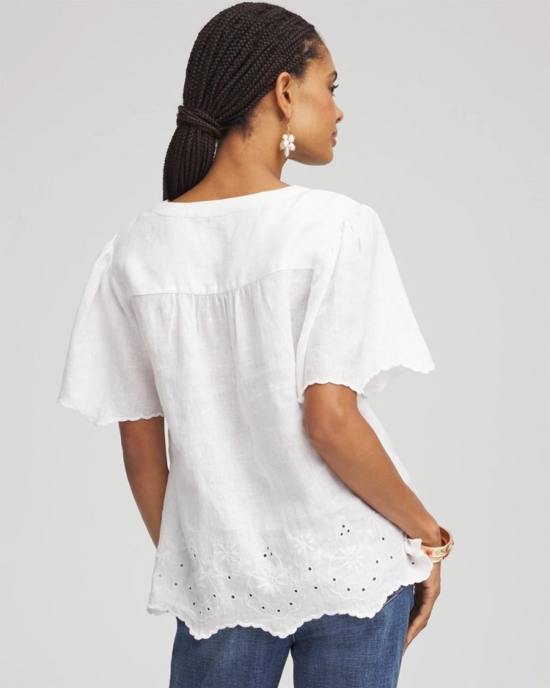 Chicos Linen Embroidered Hem Blouse - ALABASTER