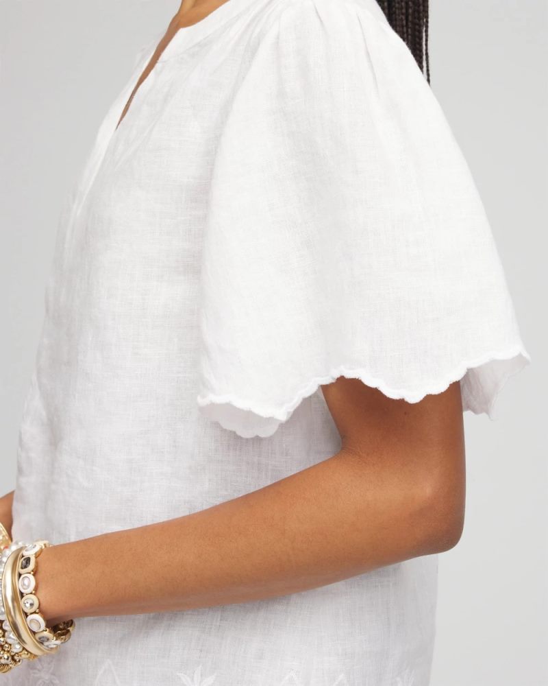 Chicos Linen Embroidered Hem Blouse - ALABASTER