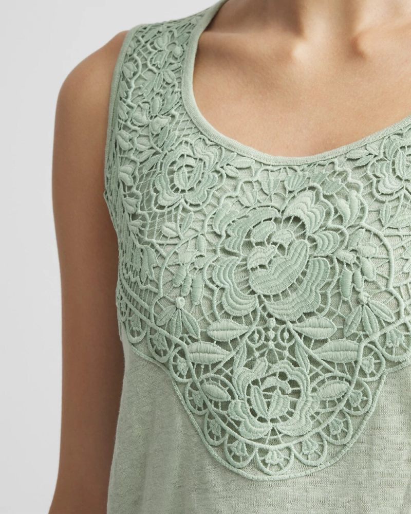 Chicos Linen Lace-Applique Tank - MOROCCAN MINT