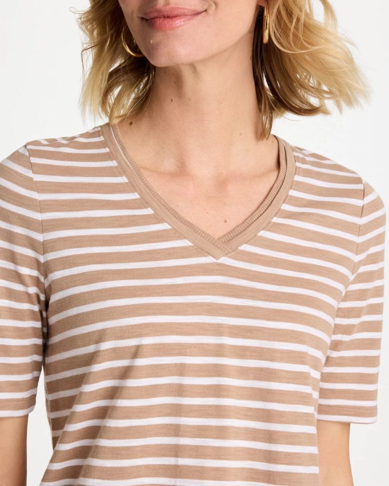 Chicos Striped Cotton Slub V-Neck Tee - CATTAIL BROWN