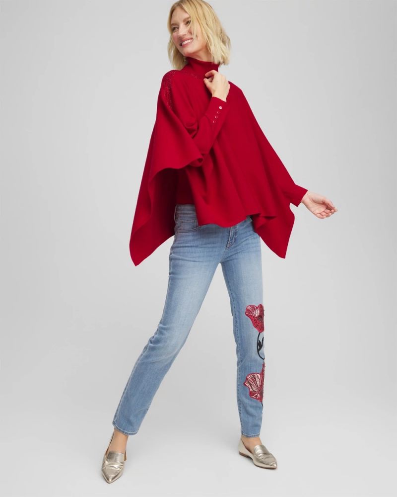 Chicos Rhinestone Embellished Poncho - CARMINE RED