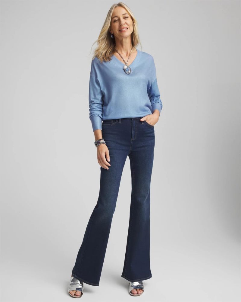 Chicos Foil V-Neck Relaxed Pullover Sweater - BLUE MUSE