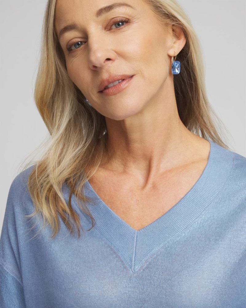 Chicos Foil V-Neck Relaxed Pullover Sweater - BLUE MUSE