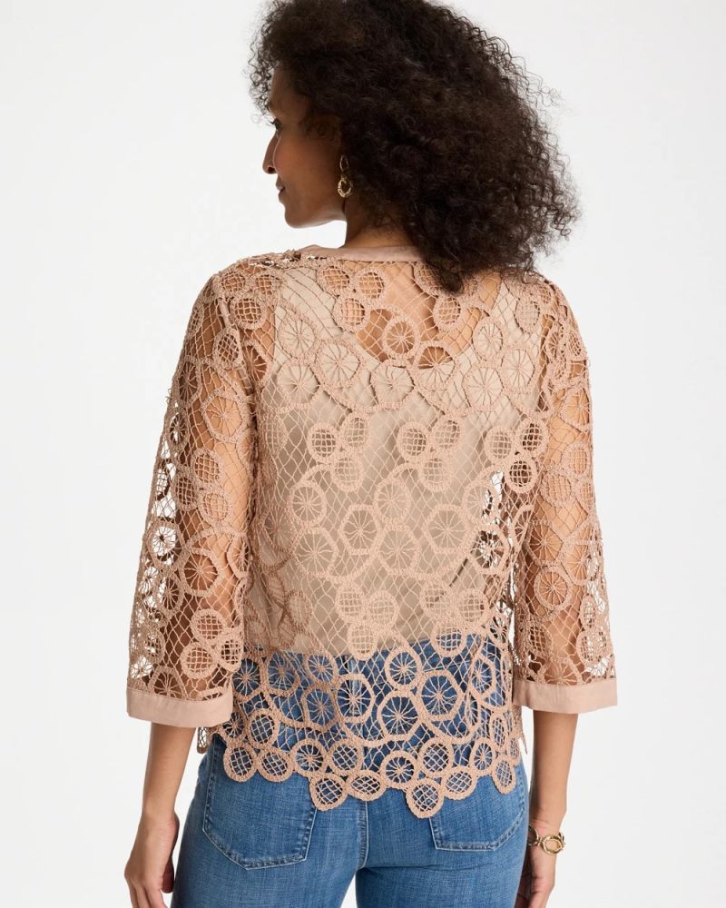 Chicos Mixed-Media Medallion Lace Top - MOCHA MOUSSE