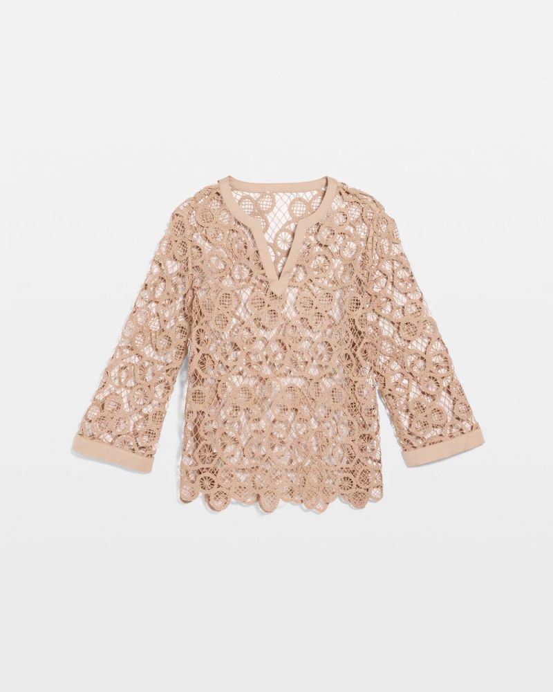 Chicos Mixed-Media Medallion Lace Top - MOCHA MOUSSE