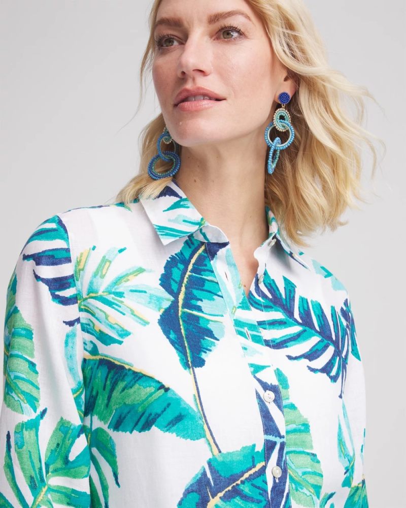 Chicos No Iron Palm Print Linen Shirt - SEASPRAY