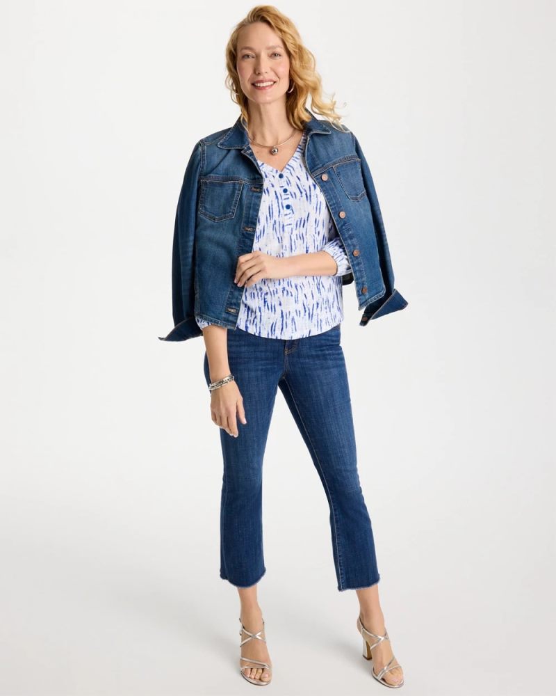 Chicos Printed Puff Sleeve Slub Henley - AMPARO BLUE