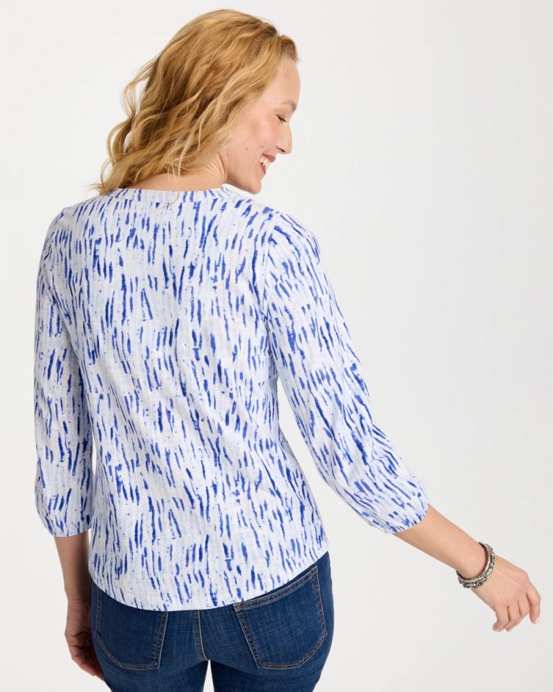 Chicos Printed Puff Sleeve Slub Henley - AMPARO BLUE