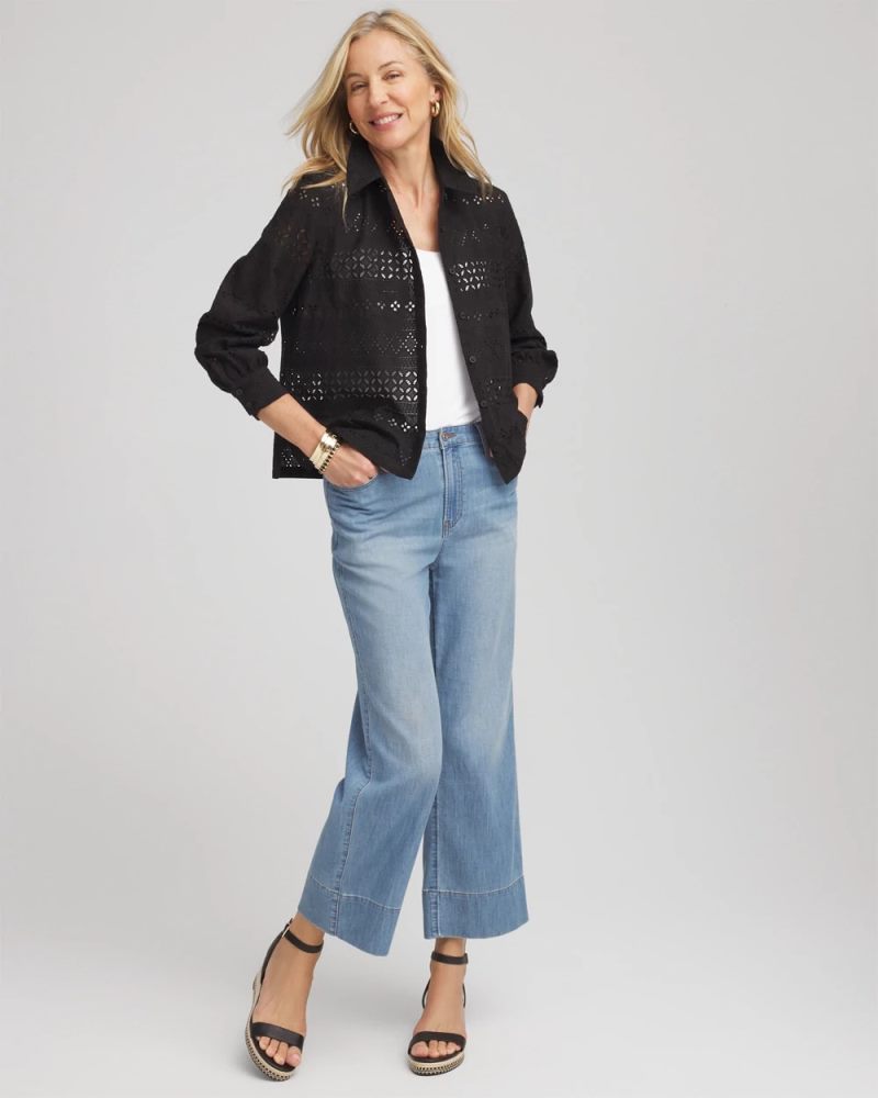 Chicos Embroidered Eyelet Collared Shirt - BLACK