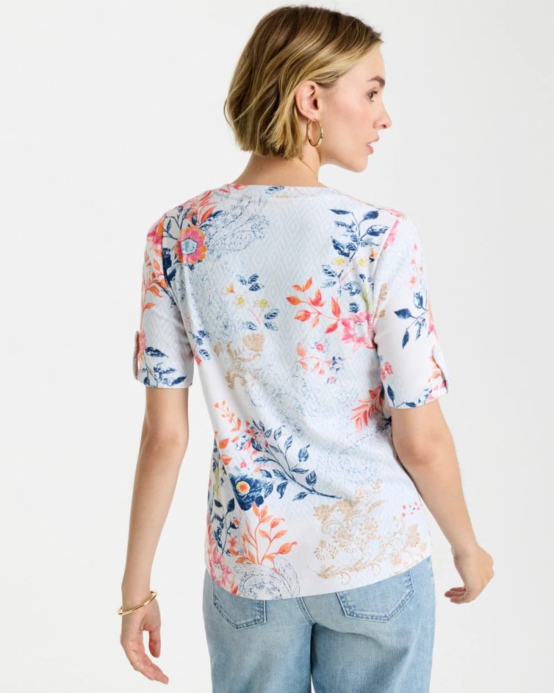 Chicos Pima Floral Elbow Sleeve Tee - CALYPSO CORAL