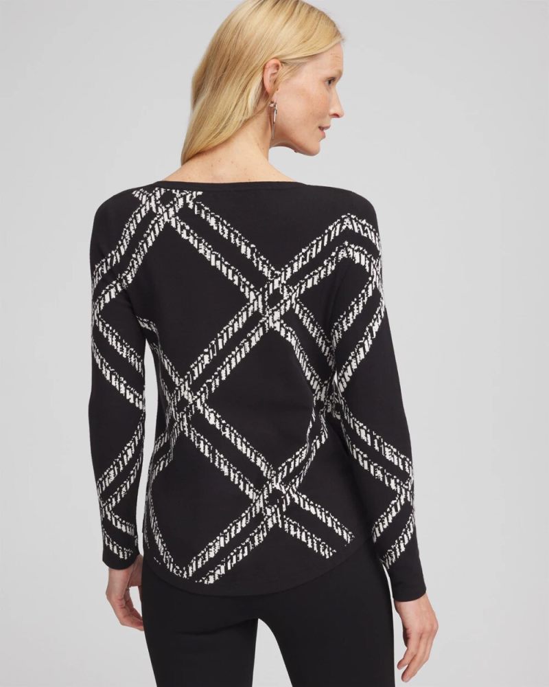 Chicos Plaid Bateau Neck Long Sleeve Pullover Sweater - BLACK