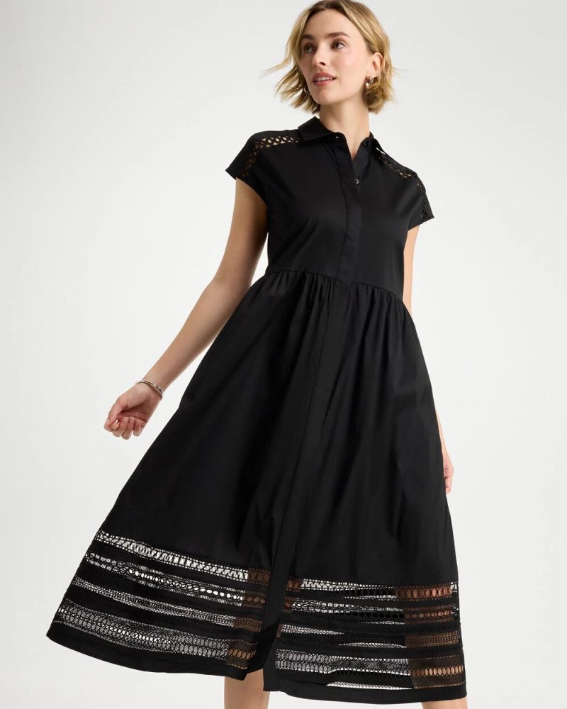 Chicos Lace Trim Midi Shirtdress - BLACK