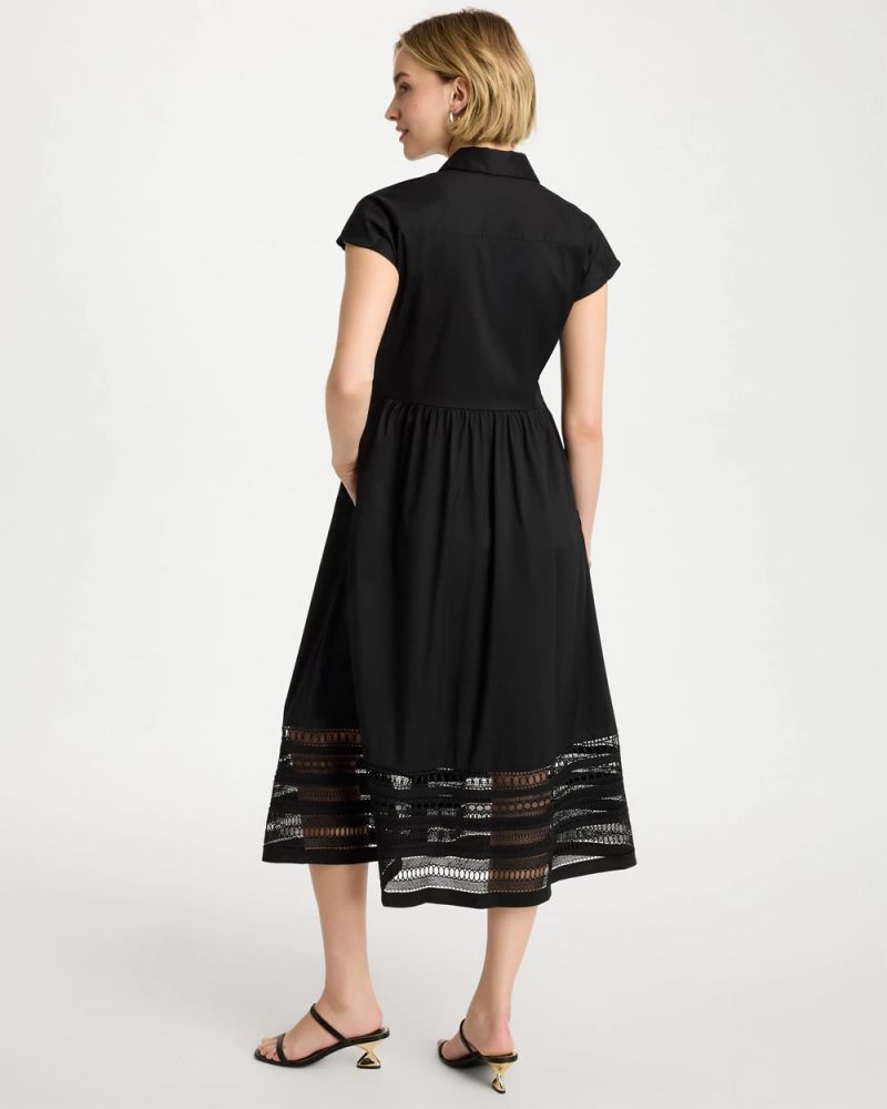 Chicos Lace Trim Midi Shirtdress - BLACK