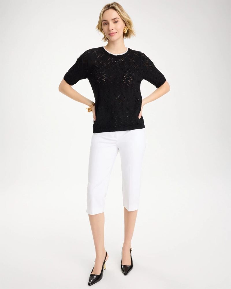 Chicos Pointelle Blanket-Stitch Pullover Sweater - BLACK