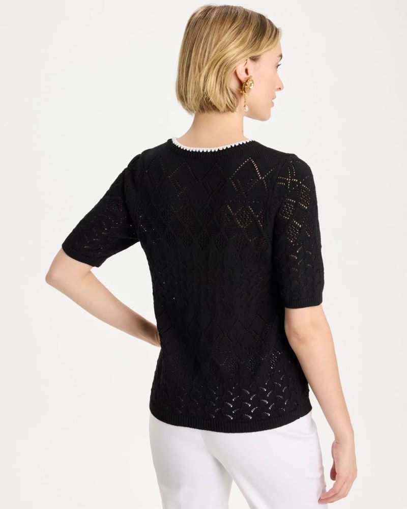 Chicos Pointelle Blanket-Stitch Pullover Sweater - BLACK