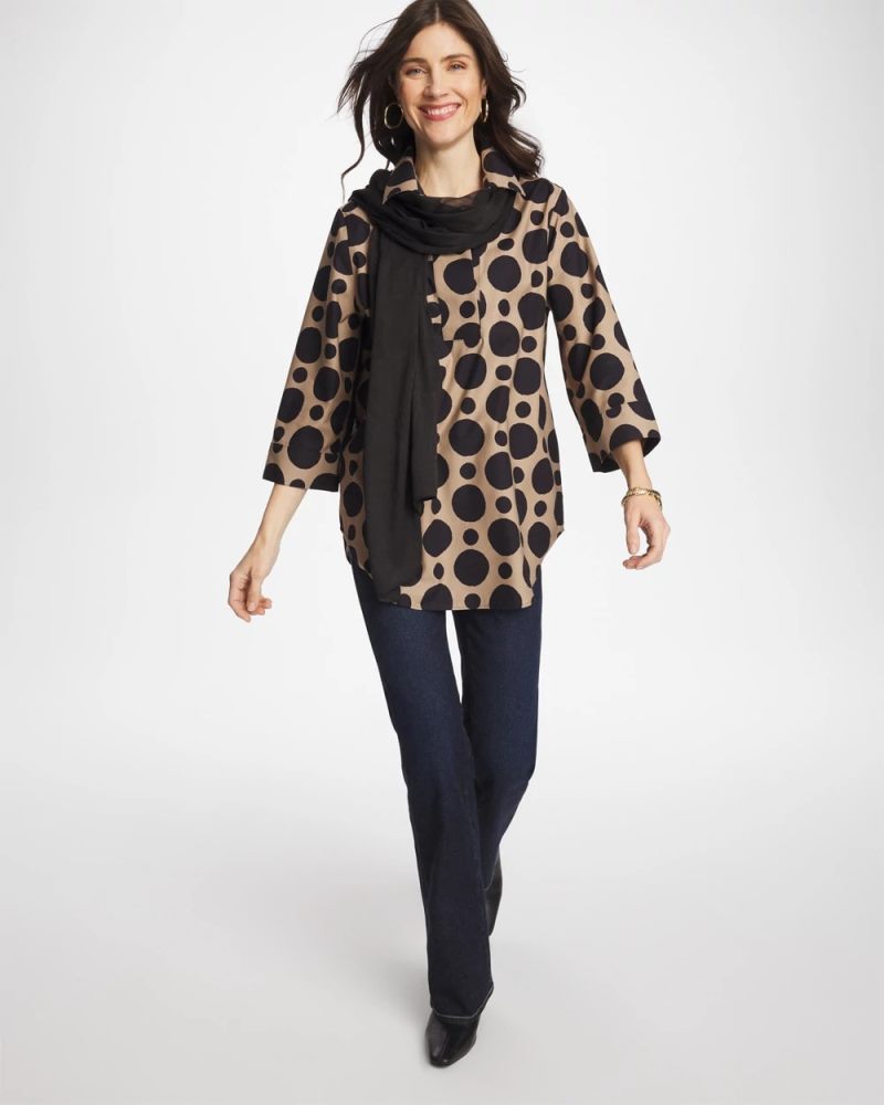 Chicos No Iron Stretch Global Dots Popover Tunic - CATTAIL BROWN