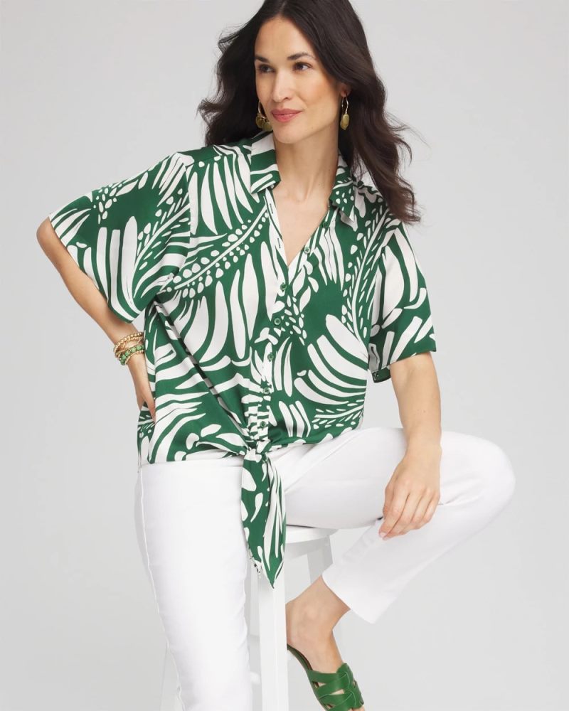 Chicos Palm Print Tie-Front Silky Top - PALM LEAF