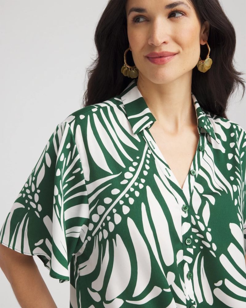 Chicos Palm Print Tie-Front Silky Top - PALM LEAF