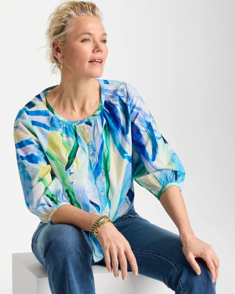 Chicos Printed Tie-Front Top - AMPARO BLUE