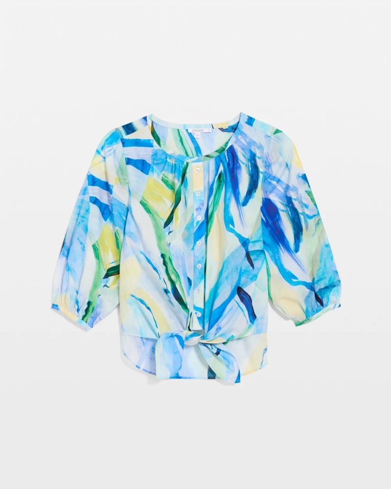 Chicos Printed Tie-Front Top - AMPARO BLUE