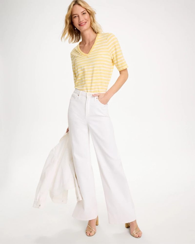 Chicos Striped Cotton Slub V-Neck Tee - GOLDEN HAZE