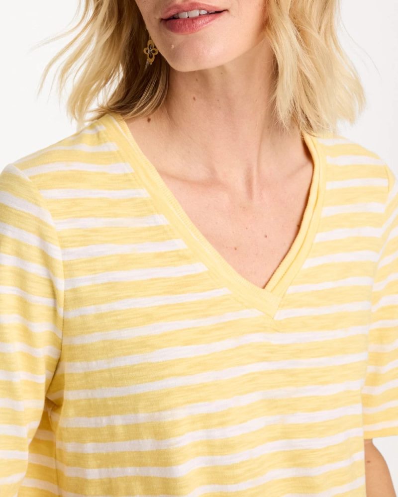 Chicos Striped Cotton Slub V-Neck Tee - GOLDEN HAZE