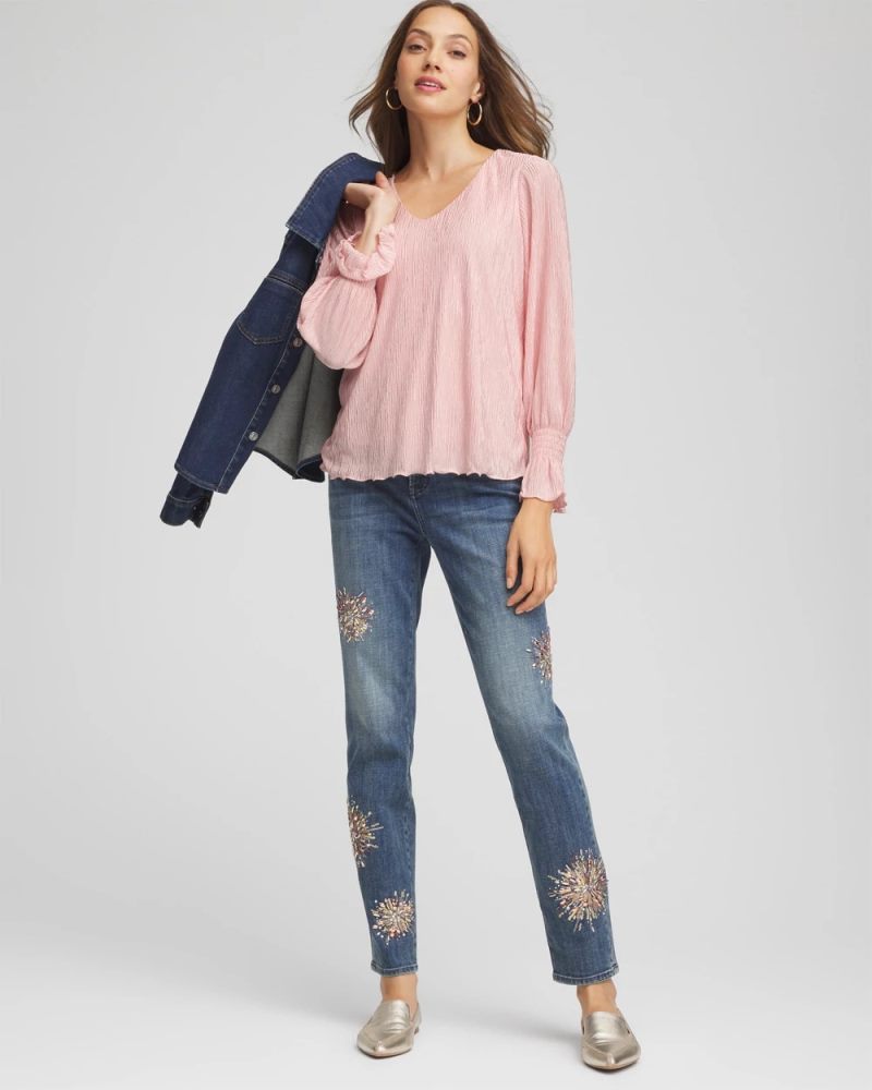 Chicos Crinkle Bodre Voop Neck Top - BLUSHED