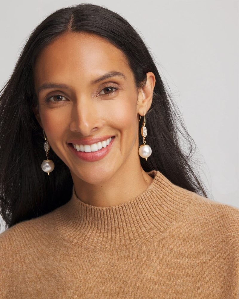 Chicos Faux Pearl and Pave Drop Earrings - PEARL