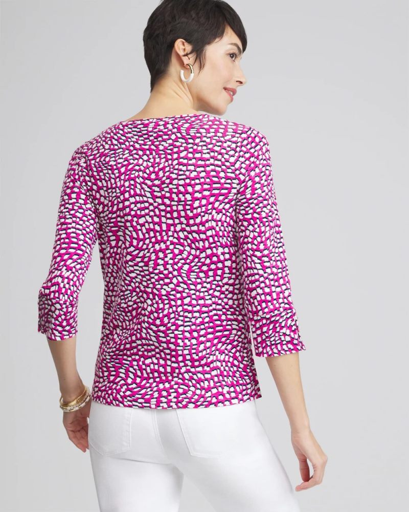 Chicos Squares 3/4 Sleeve Button Tee - MAGENTA ROSE