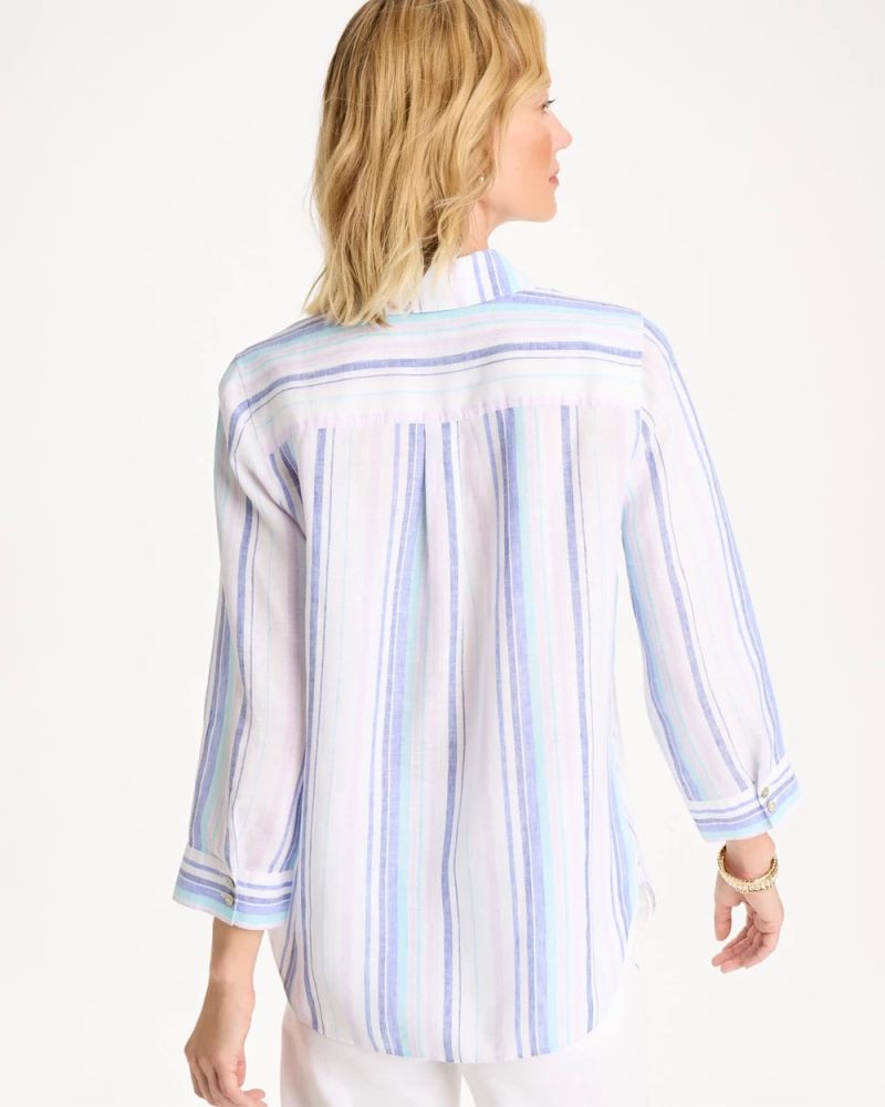 Chicos No Iron Linen Striped Shirt - AMPARO BLUE