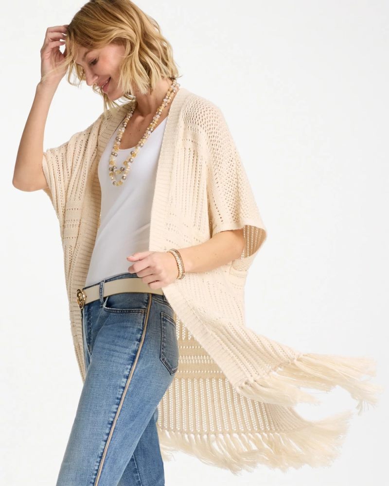 Chicos Long Knit Fringe Ruana - CREAM