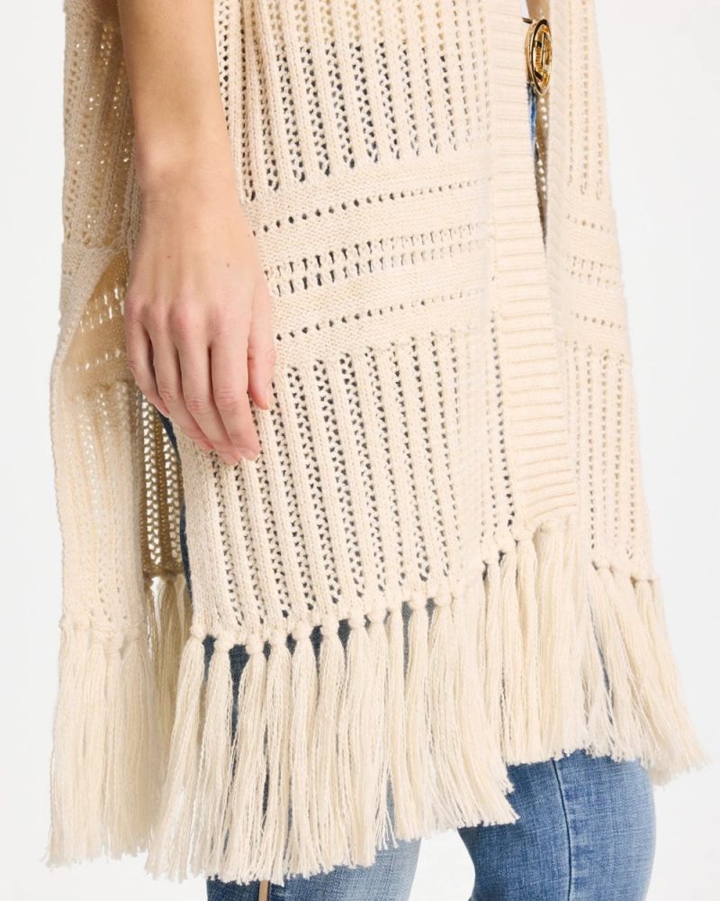Chicos Long Knit Fringe Ruana - CREAM