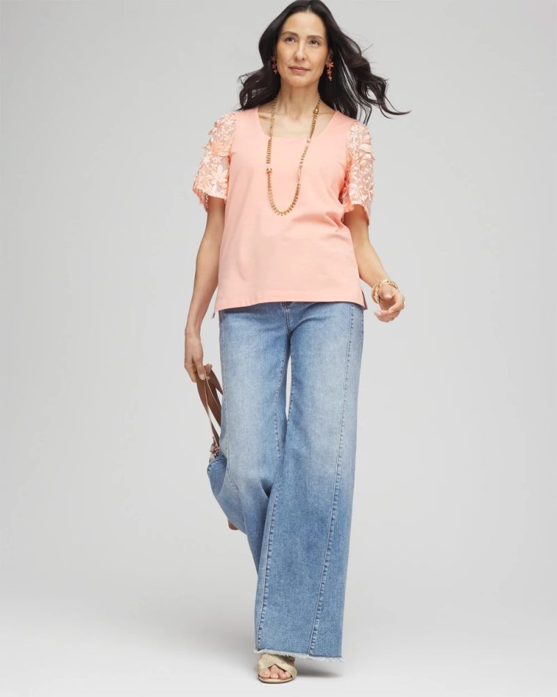 Chicos Floral Sleeved Square-Neck Tee - CORAL BLOSSOM