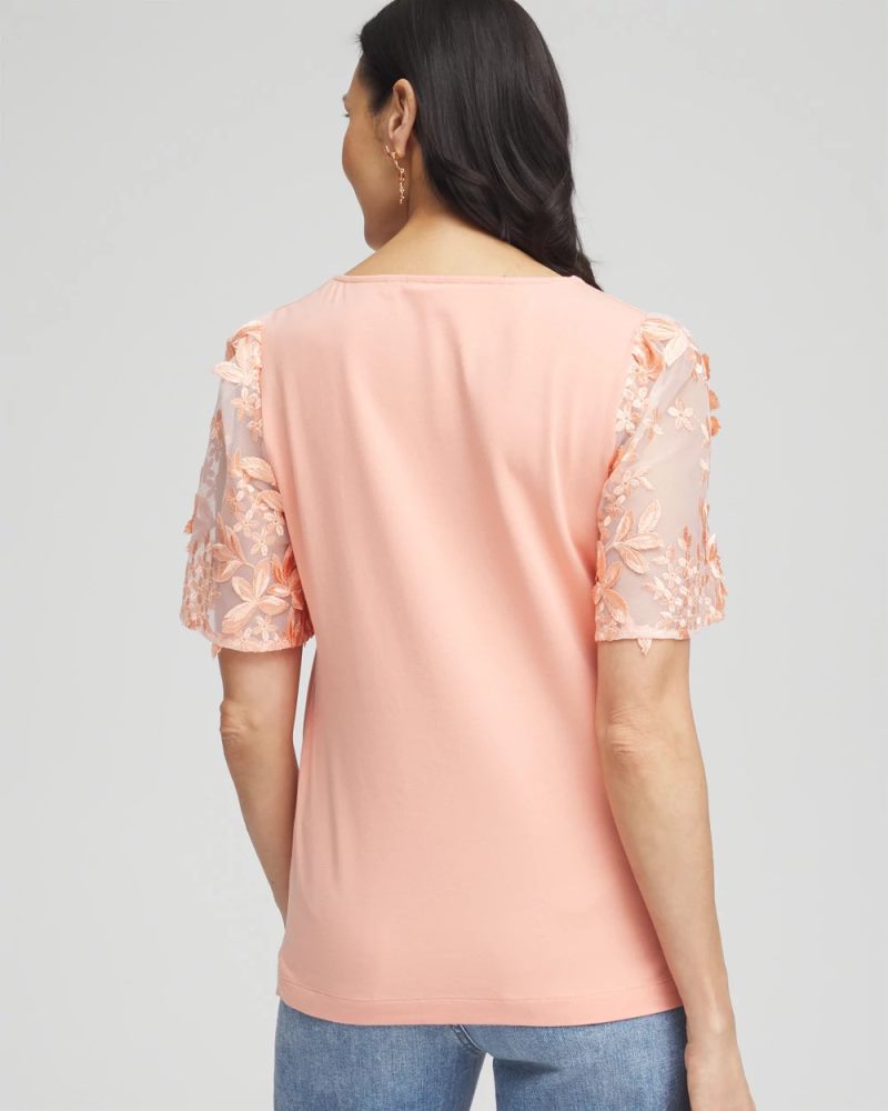 Chicos Floral Sleeved Square-Neck Tee - CORAL BLOSSOM