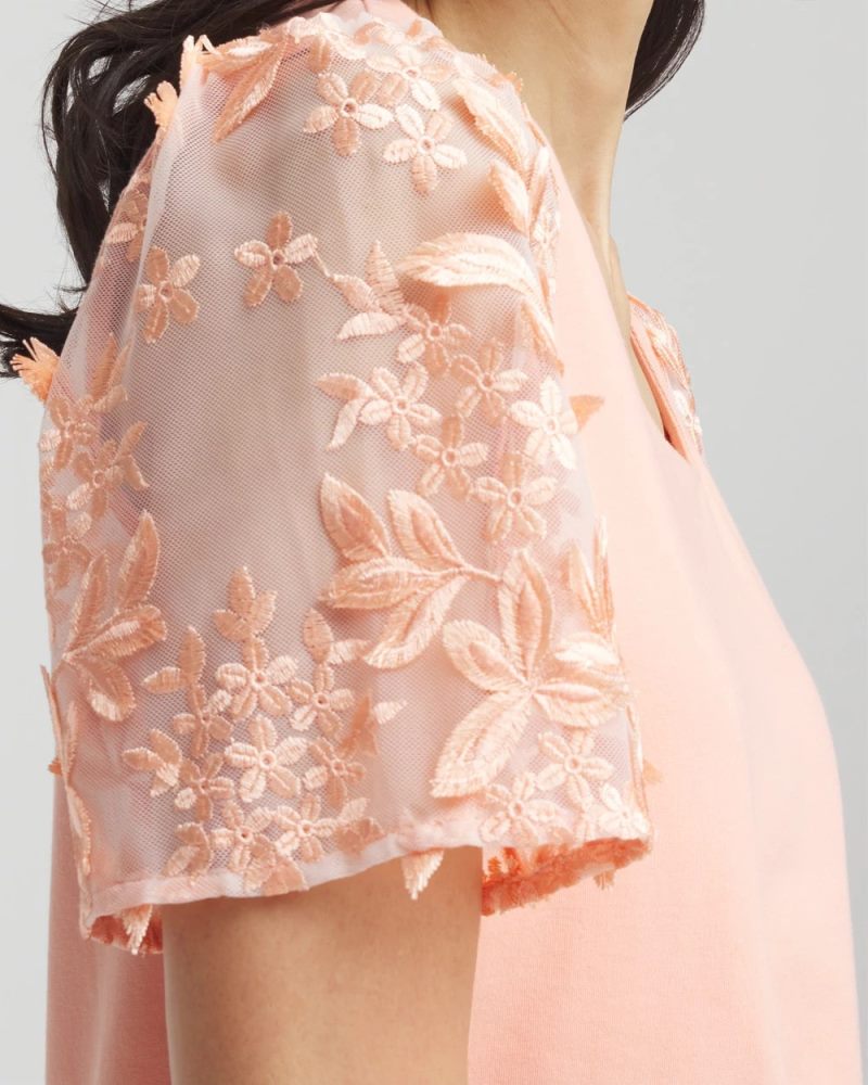 Chicos Floral Sleeved Square-Neck Tee - CORAL BLOSSOM