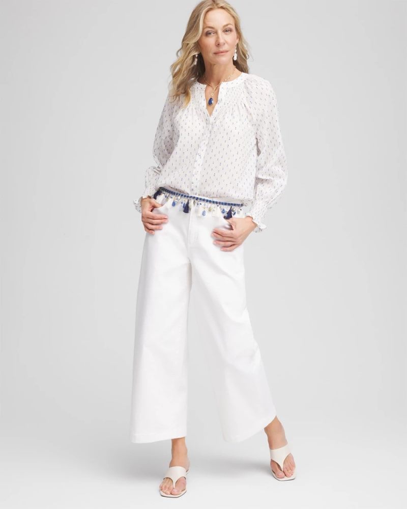 Chicos Smocked Split-neck Blouse - BLUE CASA