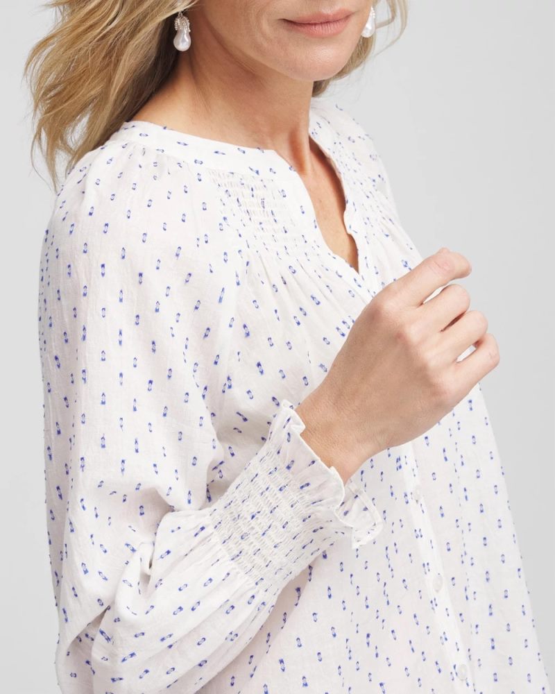 Chicos Smocked Split-neck Blouse - BLUE CASA