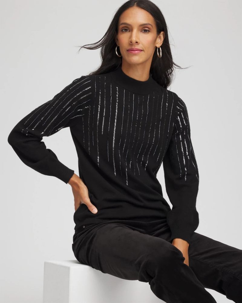Chicos Embellished Mockneck Sweater - BLACK