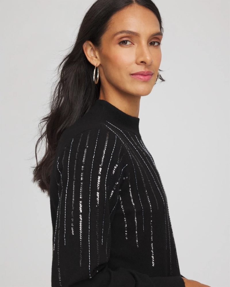 Chicos Embellished Mockneck Sweater - BLACK