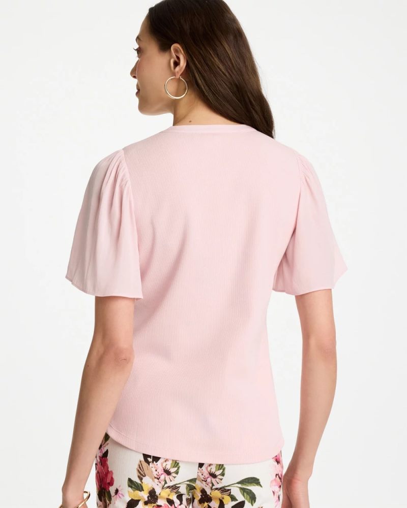 Chicos Rib Knit Woven Flutter Sleeve Tee - SWEET BLOSSOM