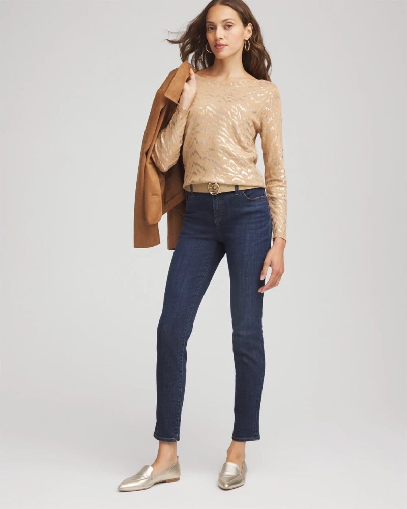Chicos Ella Boatneck Foiled Pullover Sweater - FAUX CAMEL HEATHER