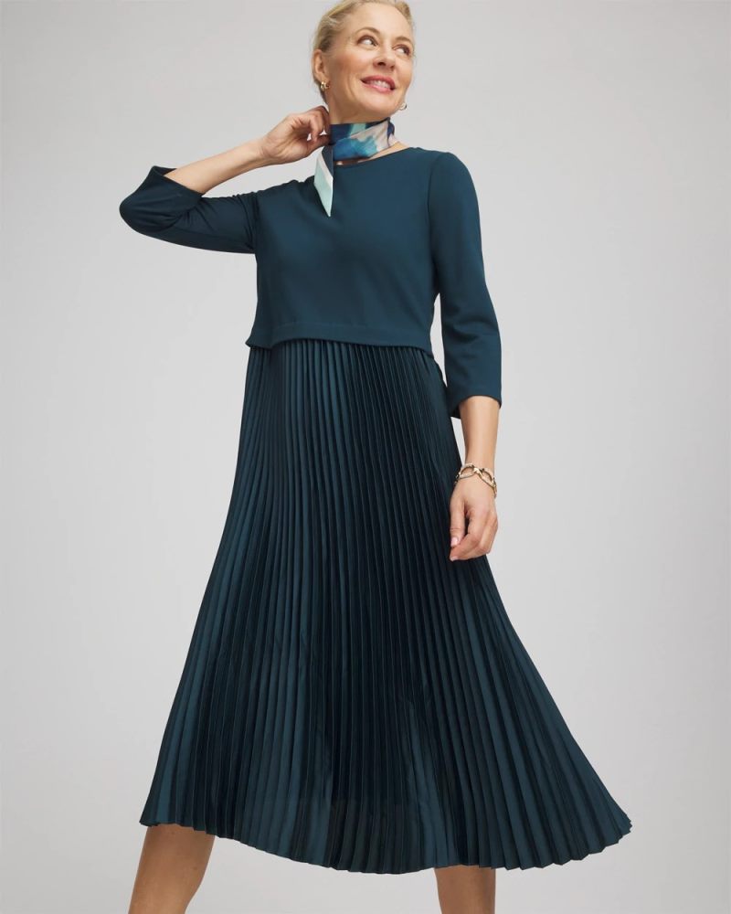 Chicos Satin-Knit Pleated Midi Dress - TEAL SHADOW