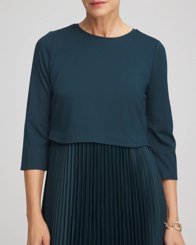 Chicos Satin-Knit Pleated Midi Dress - TEAL SHADOW