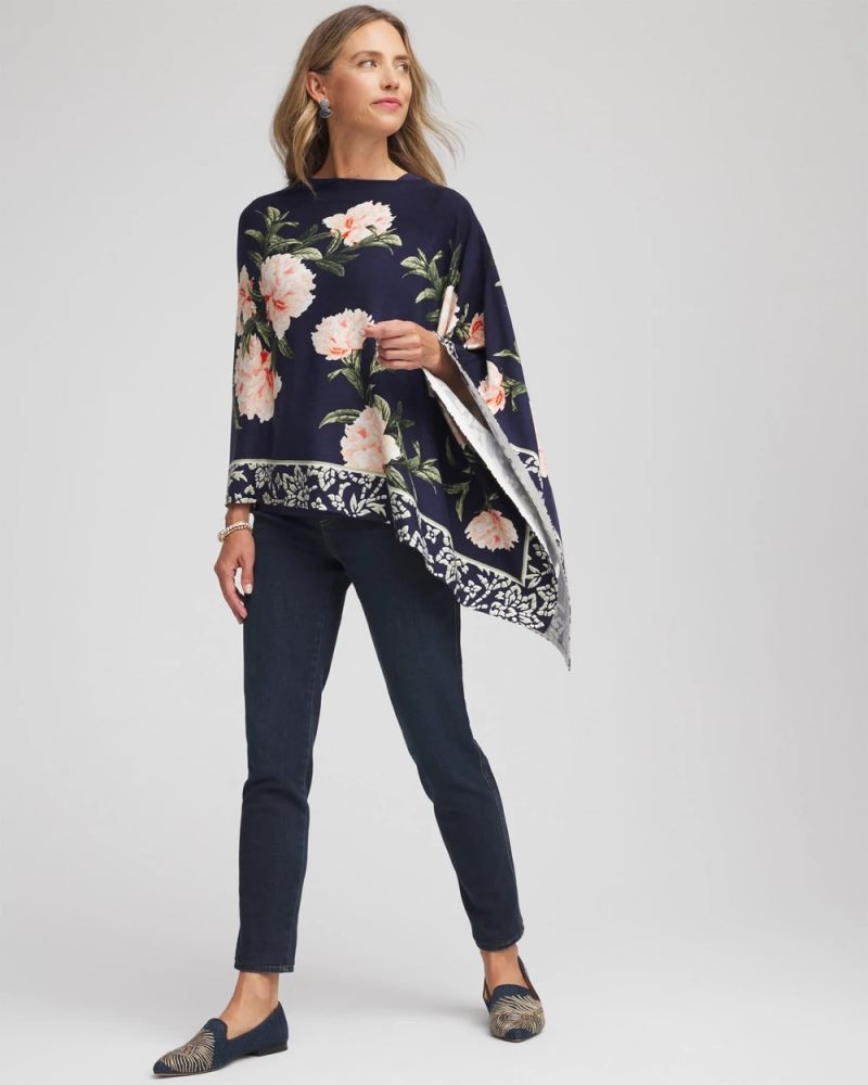 Chicos Asymmetrical Convertible Sweater Poncho - PASSPORT BLUE