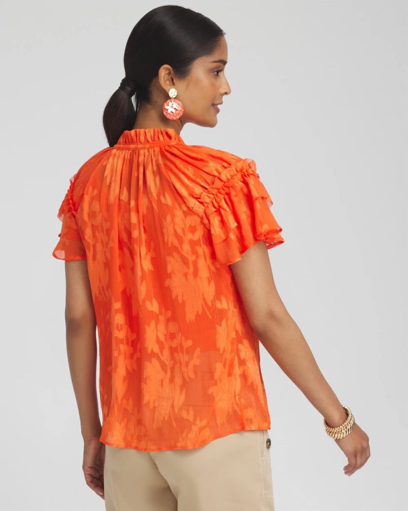 Chicos Chiffon Ruffle Neck Blouse - BLOOD ORANGE