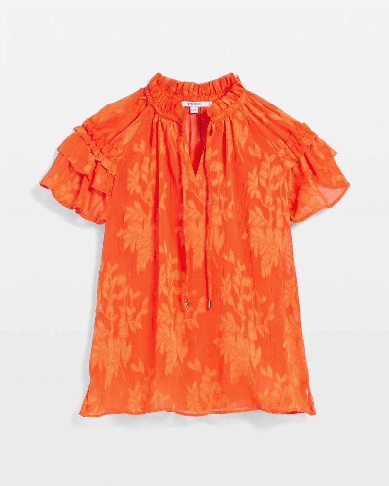 Chicos Chiffon Ruffle Neck Blouse - BLOOD ORANGE