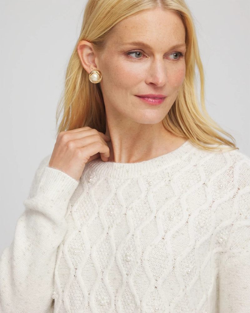 Chicos Embellished Cable Knit Sweater - ENGLISH CREAM