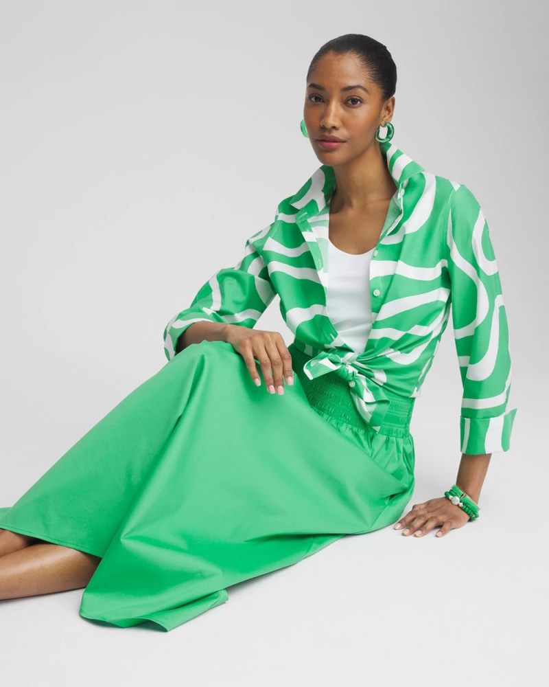 Chicos Poplin Smocked Waist Skirt - GRASSY GREEN