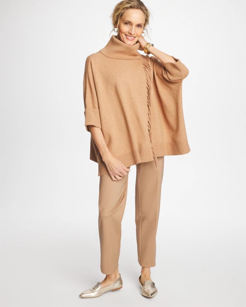 Chicos Cowlneck Knit Fringe Poncho - FAUX CREME COFFEE HEATHER
