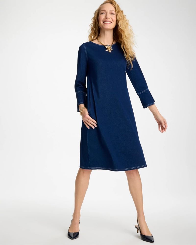 Chicos Bell Sleeve Knit Denim Dress - INDIGO